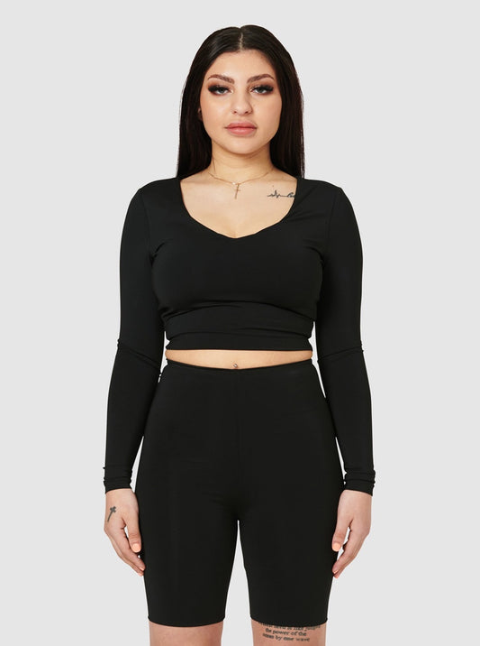 The Quinn Long Sleeve Crop Top - Black Liquorice